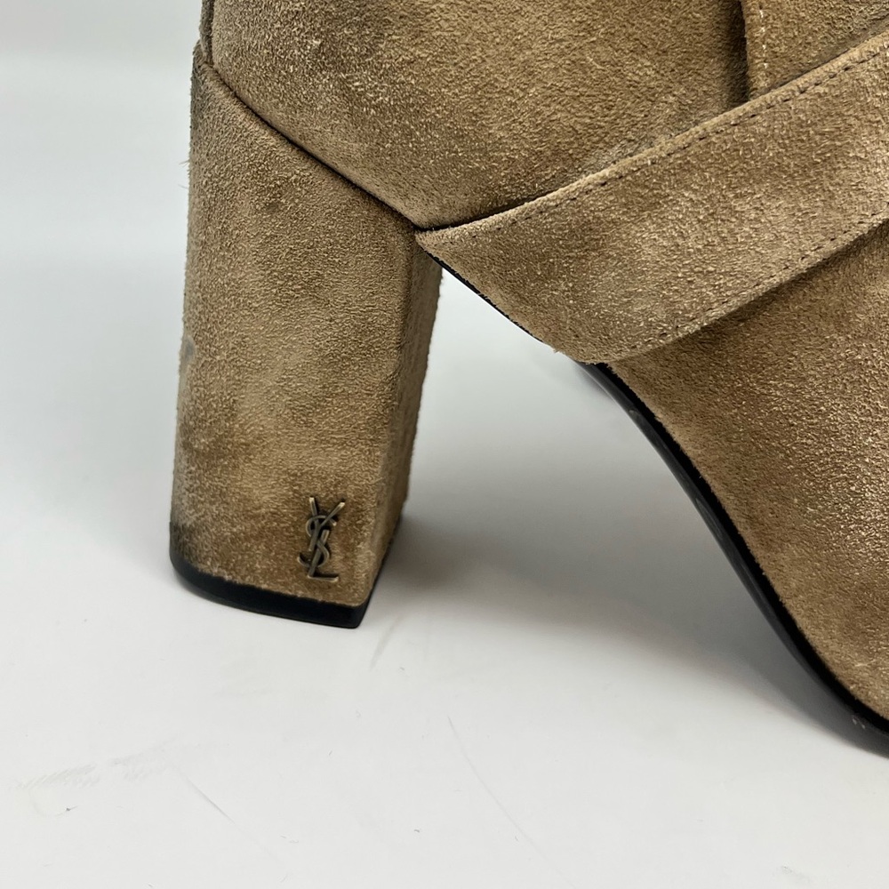 Saint Laurent Babies 90 Cross Ankle Boot Tan /Taupe Suede Block Heel YSL logo 37 - Picture 2 of 10